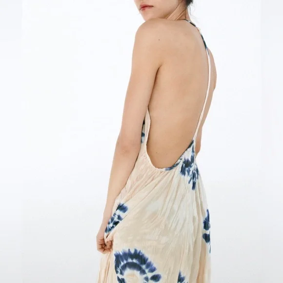 ZARA WRINKLE SATIN EFFECT MAXI LONG DRESS WHITE BLUE NWOT S - Picture 11 of 14